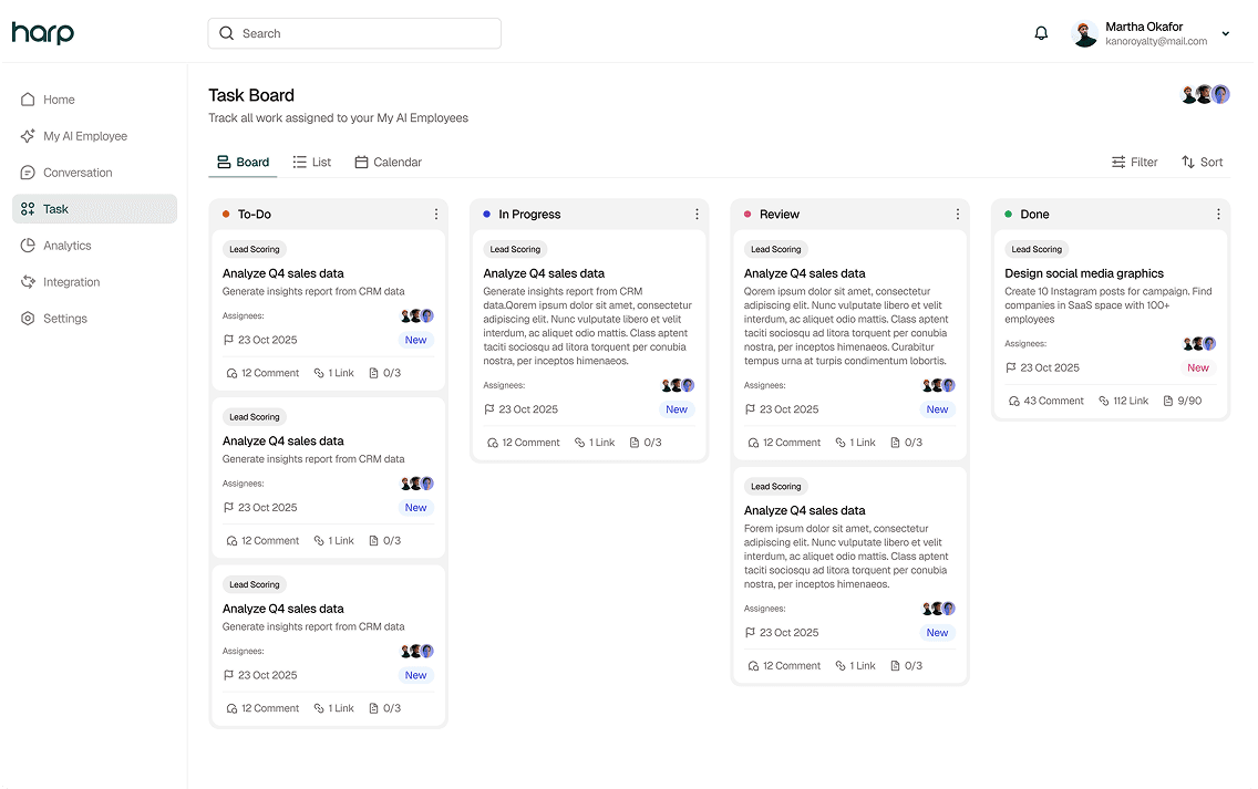 Harp platform dashboard showing marketing, messaging, and AI tools